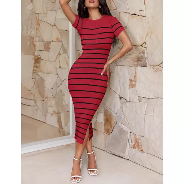imageZESICA Womens Summer Bodycon Midi Dress 2024 Striped Short Sleeve Ribbed Knit Slim Fit Side Slit T Shirt DressesWine