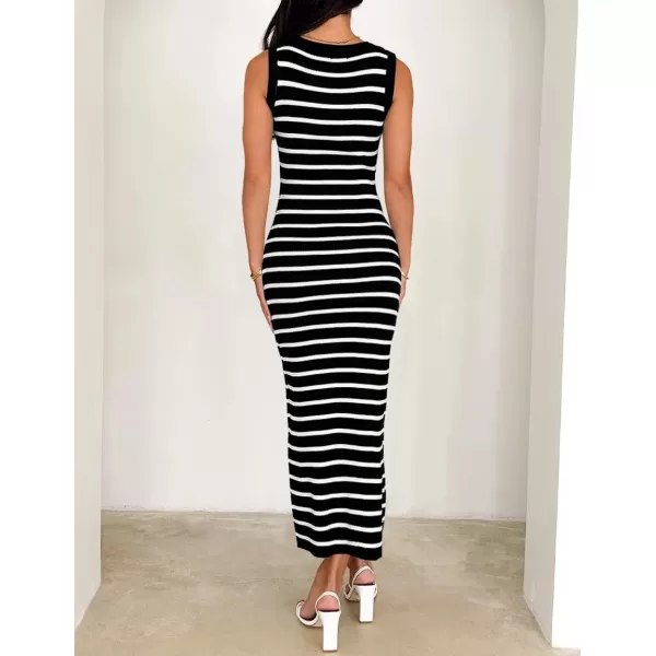 imageZESICA Womens Summer Square Neck Bodycon Midi Dresses 2024 Casual Sleeveless Ribbed Knit Striped Beach Vacation Long DressBlack