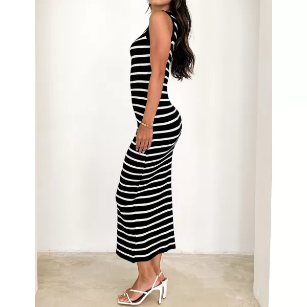 imageZESICA Womens Summer Square Neck Bodycon Midi Dresses 2024 Casual Sleeveless Ribbed Knit Striped Beach Vacation Long DressBlack