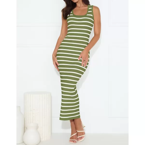 imageZESICA Womens Summer Square Neck Bodycon Midi Dresses 2024 Casual Sleeveless Ribbed Knit Striped Beach Vacation Long DressOlivegreen
