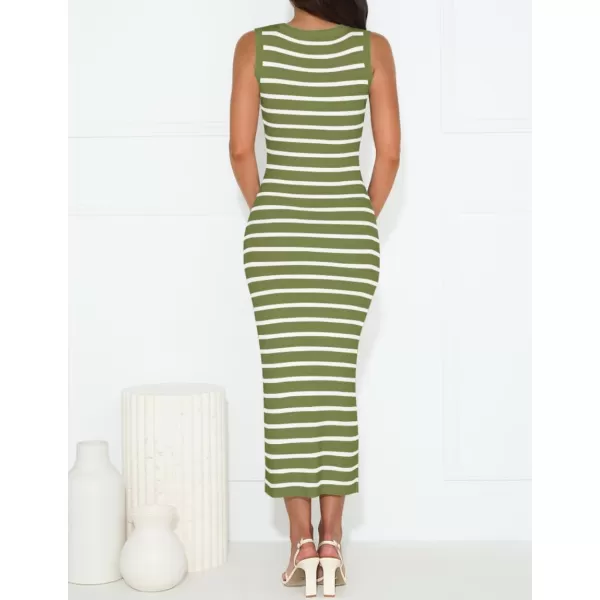 imageZESICA Womens Summer Square Neck Bodycon Midi Dresses 2024 Casual Sleeveless Ribbed Knit Striped Beach Vacation Long DressOlivegreen