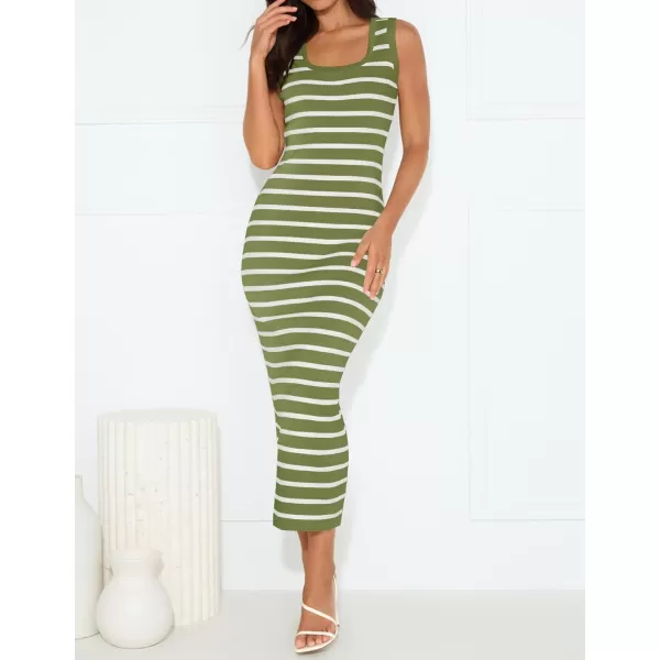 imageZESICA Womens Summer Square Neck Bodycon Midi Dresses 2024 Casual Sleeveless Ribbed Knit Striped Beach Vacation Long DressOlivegreen