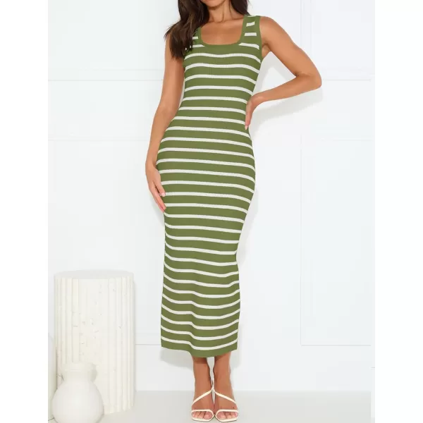imageZESICA Womens Summer Square Neck Bodycon Midi Dresses 2024 Casual Sleeveless Ribbed Knit Striped Beach Vacation Long DressOlivegreen