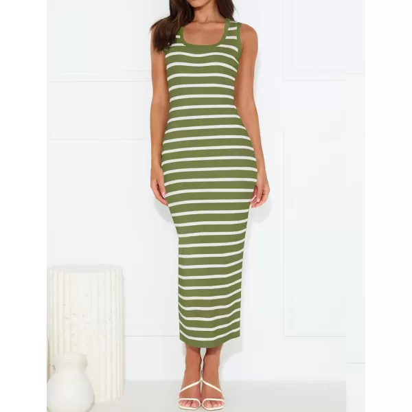 imageZESICA Womens Summer Square Neck Bodycon Midi Dresses 2024 Casual Sleeveless Ribbed Knit Striped Beach Vacation Long DressOlivegreen