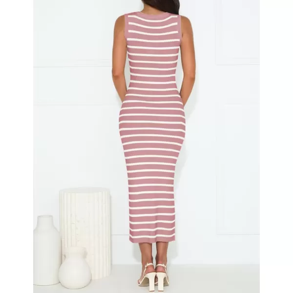 imageZESICA Womens Summer Square Neck Bodycon Midi Dresses 2024 Casual Sleeveless Ribbed Knit Striped Beach Vacation Long DressPink