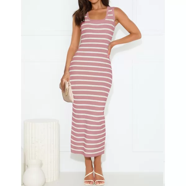 imageZESICA Womens Summer Square Neck Bodycon Midi Dresses 2024 Casual Sleeveless Ribbed Knit Striped Beach Vacation Long DressPink