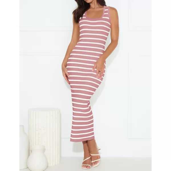 imageZESICA Womens Summer Square Neck Bodycon Midi Dresses 2024 Casual Sleeveless Ribbed Knit Striped Beach Vacation Long DressPink
