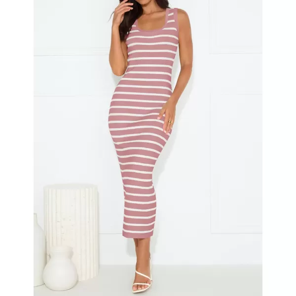 imageZESICA Womens Summer Square Neck Bodycon Midi Dresses 2024 Casual Sleeveless Ribbed Knit Striped Beach Vacation Long DressPink