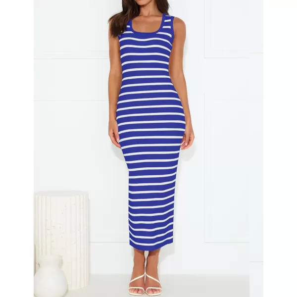 imageZESICA Womens Summer Square Neck Bodycon Midi Dresses 2024 Casual Sleeveless Ribbed Knit Striped Beach Vacation Long DressRoyalblue