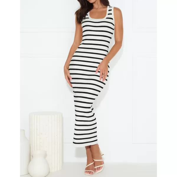 imageZESICA Womens Summer Square Neck Bodycon Midi Dresses 2024 Casual Sleeveless Ribbed Knit Striped Beach Vacation Long DressWhite