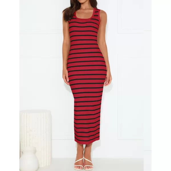 imageZESICA Womens Summer Square Neck Bodycon Midi Dresses 2024 Casual Sleeveless Ribbed Knit Striped Beach Vacation Long DressWine