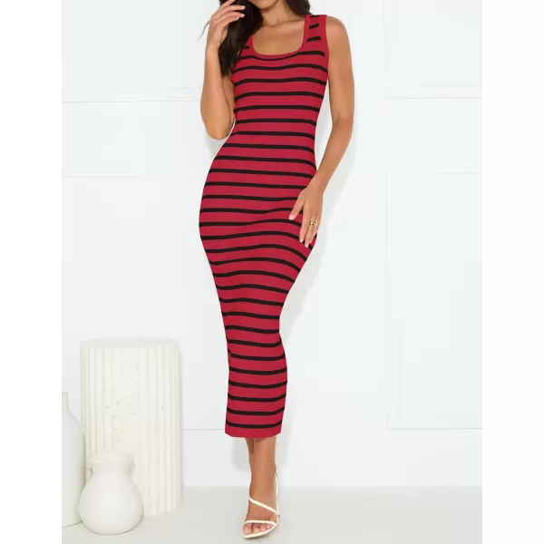 imageZESICA Womens Summer Square Neck Bodycon Midi Dresses 2024 Casual Sleeveless Ribbed Knit Striped Beach Vacation Long DressWine