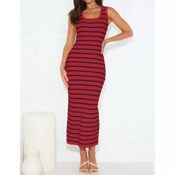 imageZESICA Womens Summer Square Neck Bodycon Midi Dresses 2024 Casual Sleeveless Ribbed Knit Striped Beach Vacation Long DressWine