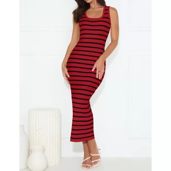 imageZESICA Womens Summer Square Neck Bodycon Midi Dresses 2024 Casual Sleeveless Ribbed Knit Striped Beach Vacation Long DressWine
