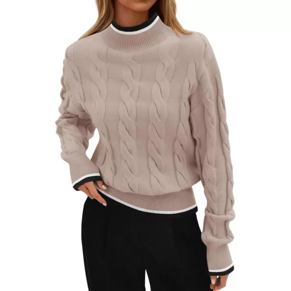 imageZESICA Womens 2024 Casual Long Sleeve Mock Neck Cable Knit Contrast Color Fall Winter Chunky Pullover SweaterAlmond