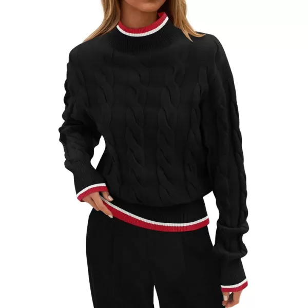 imageZESICA Womens 2024 Casual Long Sleeve Mock Neck Cable Knit Contrast Color Fall Winter Chunky Pullover SweaterBlack