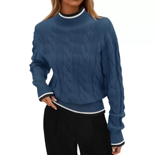 imageZESICA Womens 2024 Casual Long Sleeve Mock Neck Cable Knit Contrast Color Fall Winter Chunky Pullover SweaterDusty Blue