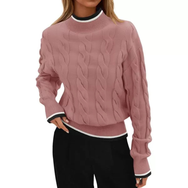 imageZESICA Womens 2024 Casual Long Sleeve Mock Neck Cable Knit Contrast Color Fall Winter Chunky Pullover SweaterDusty Pink