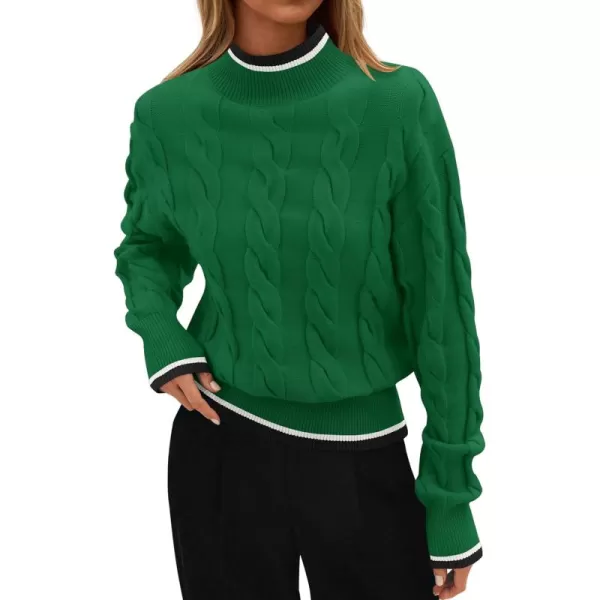 imageZESICA Womens 2024 Casual Long Sleeve Mock Neck Cable Knit Contrast Color Fall Winter Chunky Pullover SweaterGreen
