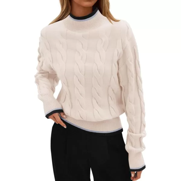 imageZESICA Womens 2024 Casual Long Sleeve Mock Neck Cable Knit Contrast Color Fall Winter Chunky Pullover SweaterIvory