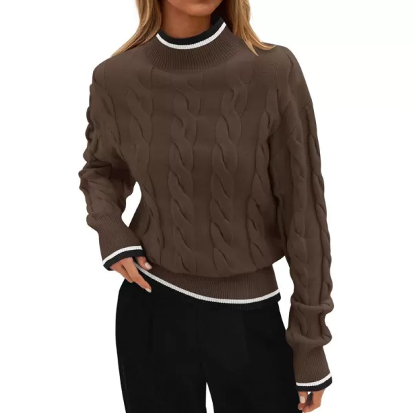 imageZESICA Womens 2024 Casual Long Sleeve Mock Neck Cable Knit Contrast Color Fall Winter Chunky Pullover SweaterMocha