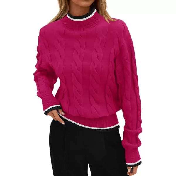 imageZESICA Womens 2024 Casual Long Sleeve Mock Neck Cable Knit Contrast Color Fall Winter Chunky Pullover SweaterRose