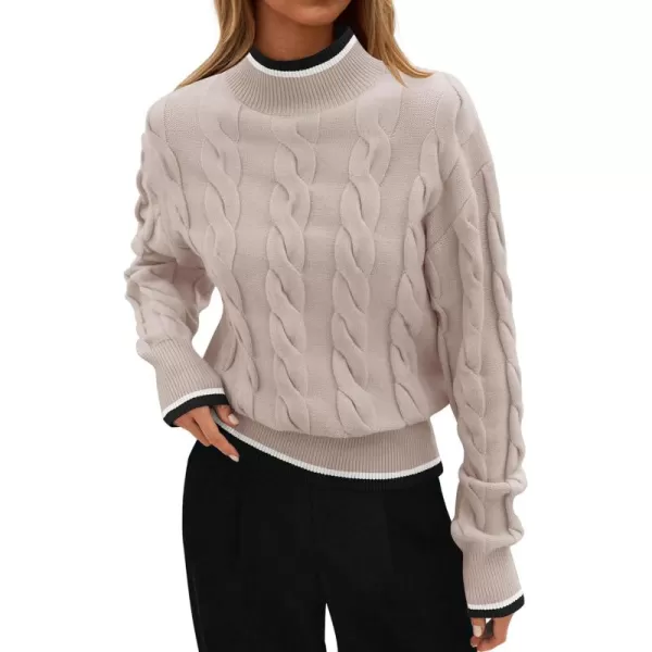 imageZESICA Womens 2024 Casual Long Sleeve Mock Neck Cable Knit Contrast Color Fall Winter Chunky Pullover SweaterSand