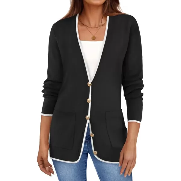 imageZESICA Womens 2024 Color Block Cardigan Sweaters Long Sleeve Button Down Open Front Coatigan with PocketsBlack