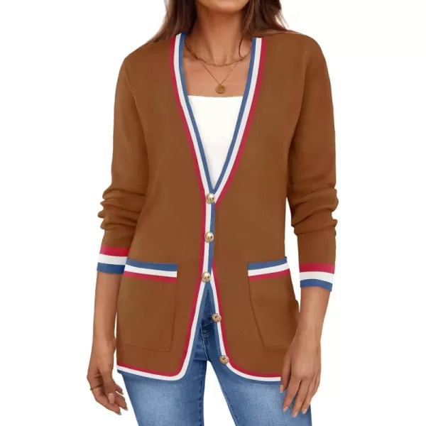 imageZESICA Womens 2024 Color Block Cardigan Sweaters Long Sleeve Button Down Open Front Coatigan with PocketsBrown
