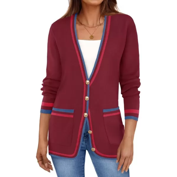 imageZESICA Womens 2024 Color Block Cardigan Sweaters Long Sleeve Button Down Open Front Coatigan with PocketsBurgundy