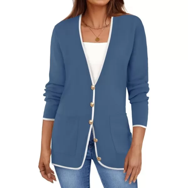 imageZESICA Womens 2024 Color Block Cardigan Sweaters Long Sleeve Button Down Open Front Coatigan with PocketsDarkblue