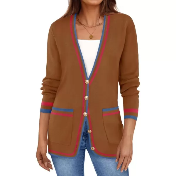 imageZESICA Womens 2024 Color Block Cardigan Sweaters Long Sleeve Button Down Open Front Coatigan with PocketsDarkbrown