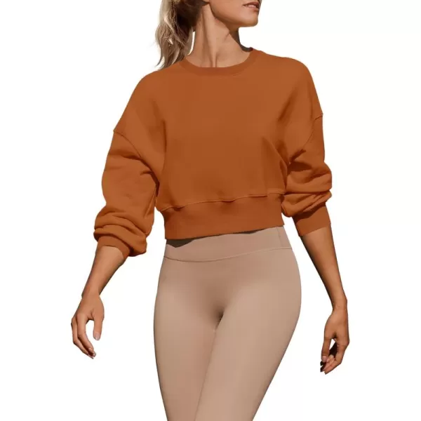 imageZESICA Womens 2024 Crop Sweatshirts Casual Long Sleeve Crewneck Solid Color Y2K Fleece Loose Pullover Sweatshirt TopsCaramel