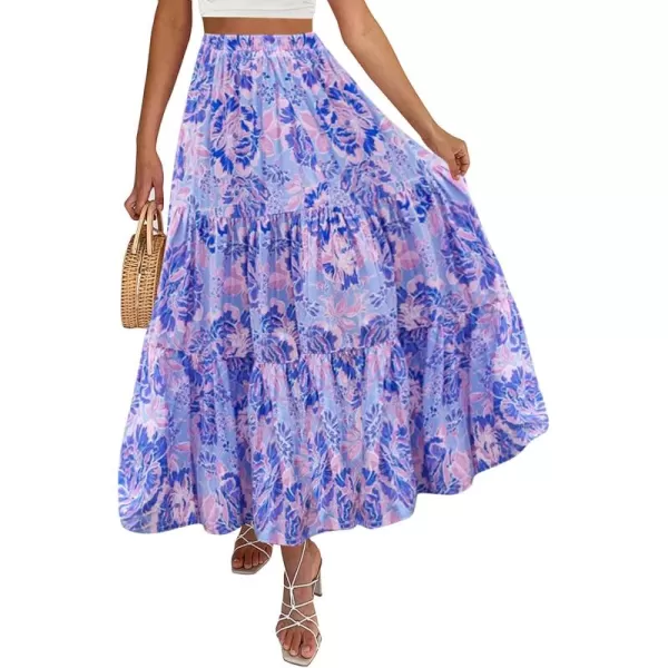 imageZESICA Womens 2024 Summer Plaid Flower Elastic High Waist Flowy A Line Maxi Skirt with PocketsViolet