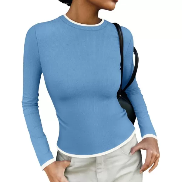 imageZESICA Womens Long Sleeve Crewneck Shirts 2024 Fall Knit Slim Fitted Casual Basic Tee Sweater TopsBlue