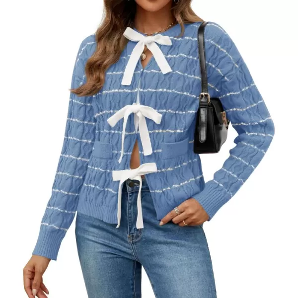 imageZESICA Womens Long Sleeve Open Front Cardigan Sweater 2024 Fall Winter Striped Tie Front Loose Chunky Knit CoatsBlue