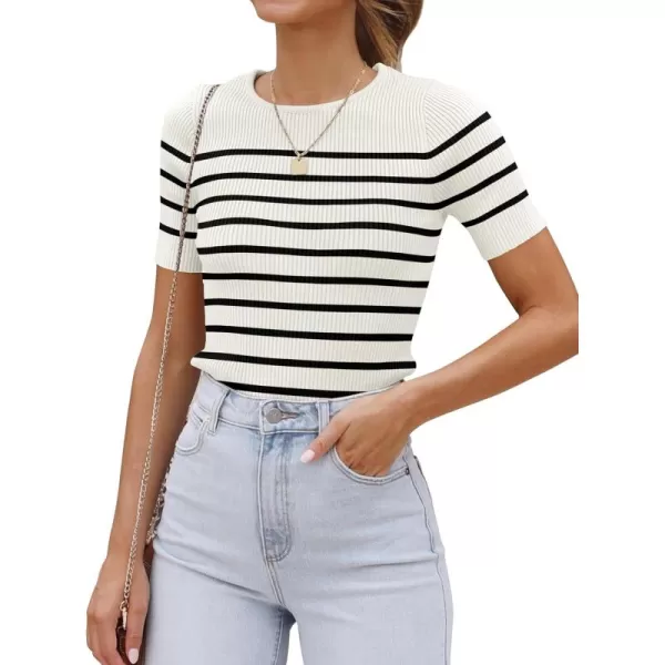 imageZESICA Womens Short Sleeve Crewneck Striped T Shirt 2024 Summer Ribbed Knit Slim Fit Casual Basic Tee TopsWhite