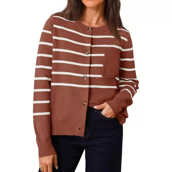imageZESICA Womens Striped Cardigan Sweaters 2024 Fall Long Sleeve Open Front Button Down Knit Outerwear Coat Trendy ClothesBrown
