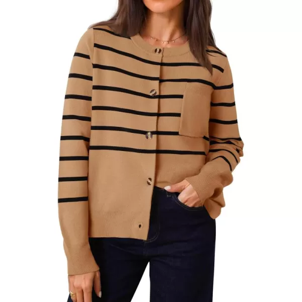 imageZESICA Womens Striped Cardigan Sweaters 2024 Fall Long Sleeve Open Front Button Down Knit Outerwear Coat Trendy ClothesCamel