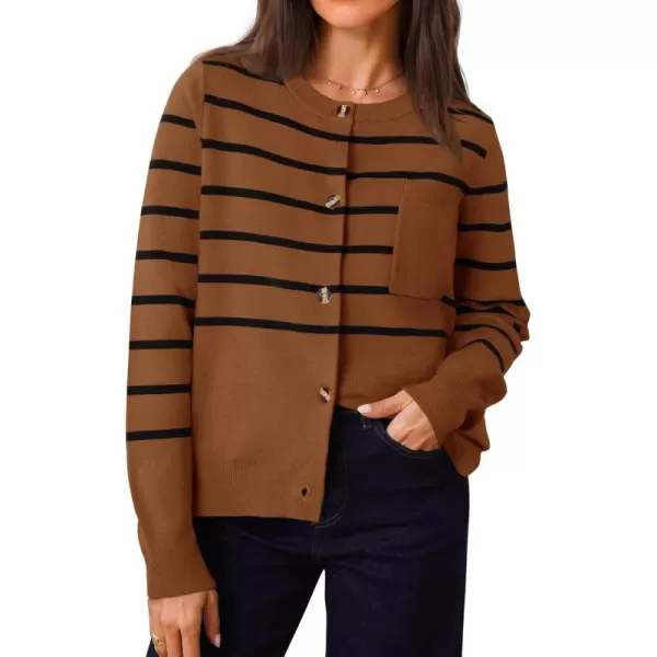 imageZESICA Womens Striped Cardigan Sweaters 2024 Fall Long Sleeve Open Front Button Down Knit Outerwear Coat Trendy ClothesCaramel