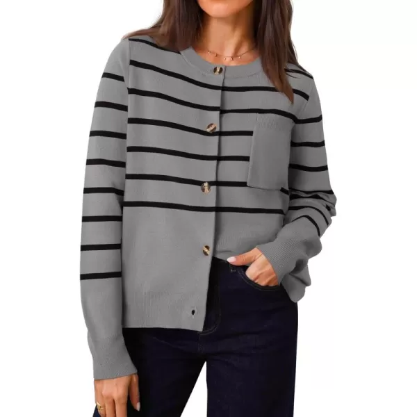 imageZESICA Womens Striped Cardigan Sweaters 2024 Fall Long Sleeve Open Front Button Down Knit Outerwear Coat Trendy ClothesGrey