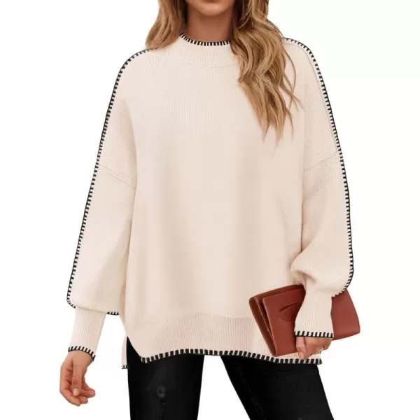 imageZESICA Womens Striped Sweaters 2024 Casual Long Sleeve Mock Neck Contrast Color Comfy Loose Knit Pullover TopsApricot
