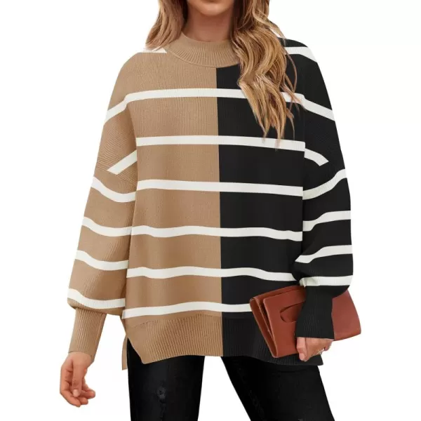 imageZESICA Womens Striped Sweaters 2024 Casual Long Sleeve Mock Neck Contrast Color Comfy Loose Knit Pullover TopsKhaki