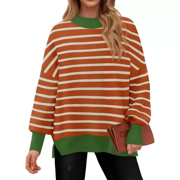 imageZESICA Womens Striped Sweaters 2024 Casual Long Sleeve Mock Neck Contrast Color Comfy Loose Knit Pullover TopsOrange