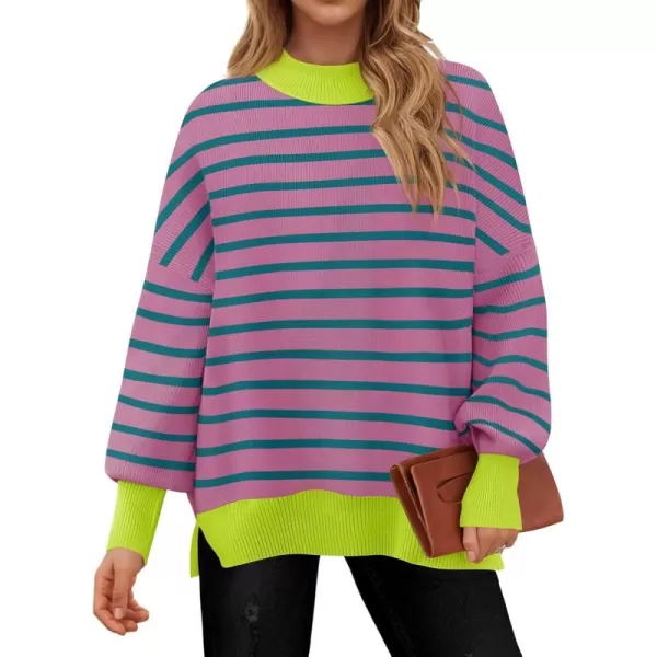 imageZESICA Womens Striped Sweaters 2024 Casual Long Sleeve Mock Neck Contrast Color Comfy Loose Knit Pullover TopsPurple