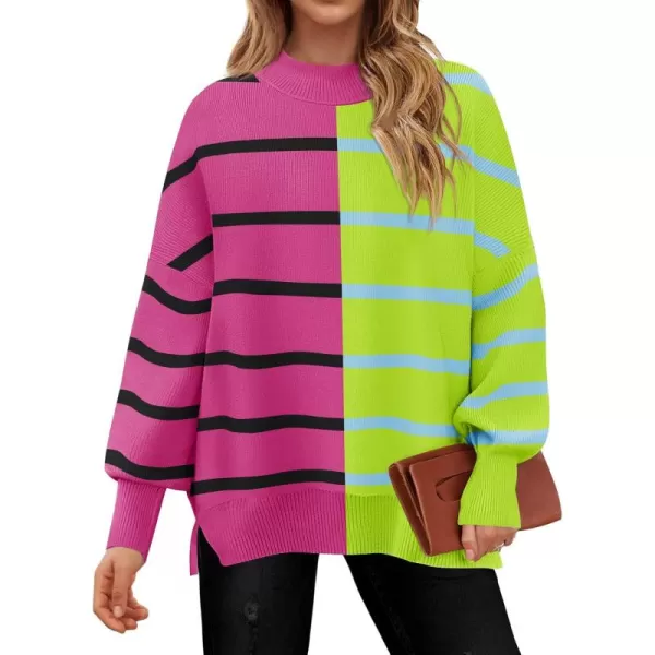 imageZESICA Womens Striped Sweaters 2024 Casual Long Sleeve Mock Neck Contrast Color Comfy Loose Knit Pullover TopsRose