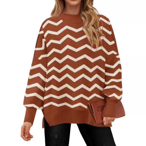 imageZESICA Womens Striped Sweaters 2024 Casual Long Sleeve Mock Neck Contrast Color Comfy Loose Knit Pullover TopsRust