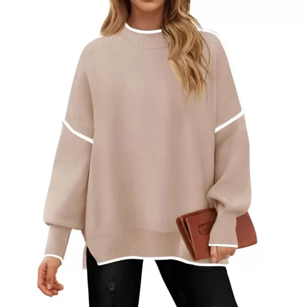 imageZESICA Womens Striped Sweaters 2024 Casual Long Sleeve Mock Neck Contrast Color Comfy Loose Knit Pullover TopsSand