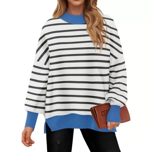 imageZESICA Womens Striped Sweaters 2024 Casual Long Sleeve Mock Neck Contrast Color Comfy Loose Knit Pullover TopsWhite