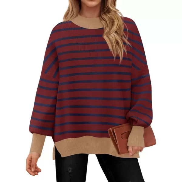 imageZESICA Womens Striped Sweaters 2024 Casual Long Sleeve Mock Neck Contrast Color Comfy Loose Knit Pullover TopsWine